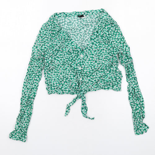 H&M Womens Green Floral Viscose Basic Button-Up Size 10 V-Neck - Knot Front