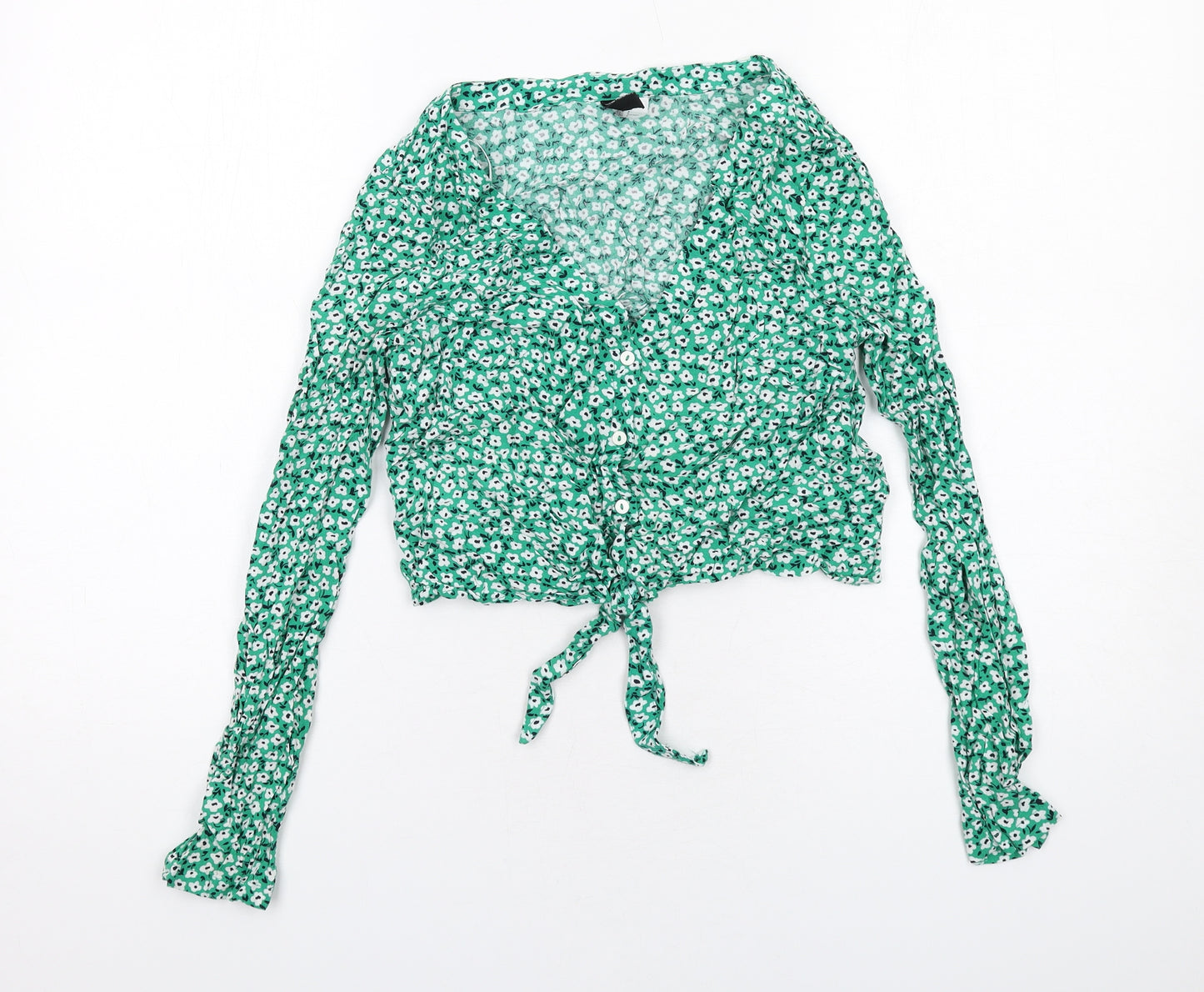 H&M Womens Green Floral Viscose Basic Button-Up Size 10 V-Neck - Knot Front