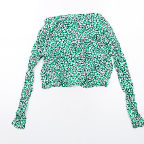 H&M Womens Green Floral Viscose Basic Button-Up Size 10 V-Neck - Knot Front