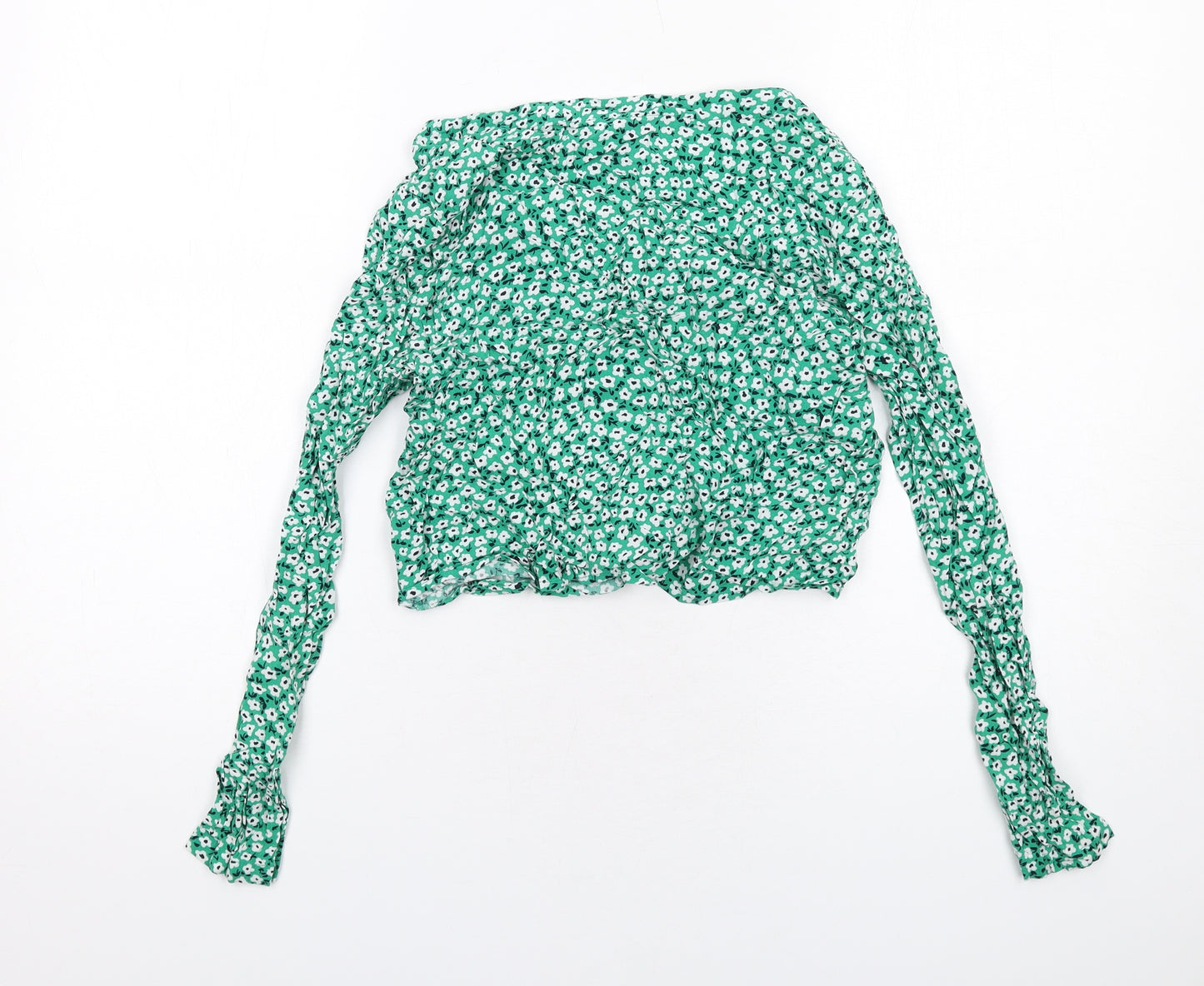 H&M Womens Green Floral Viscose Basic Button-Up Size 10 V-Neck - Knot Front