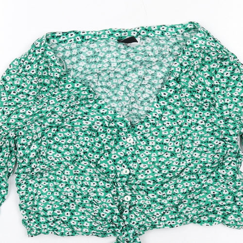 H&M Womens Green Floral Viscose Basic Button-Up Size 10 V-Neck - Knot Front