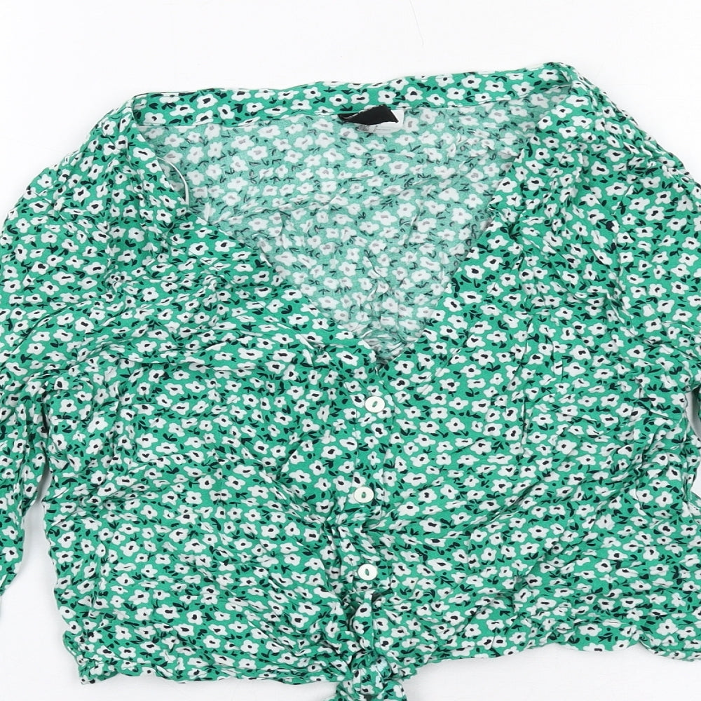H&M Womens Green Floral Viscose Basic Button-Up Size 10 V-Neck - Knot Front