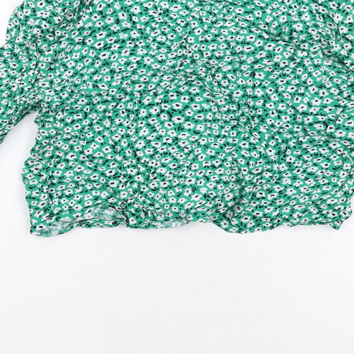 H&M Womens Green Floral Viscose Basic Button-Up Size 10 V-Neck - Knot Front