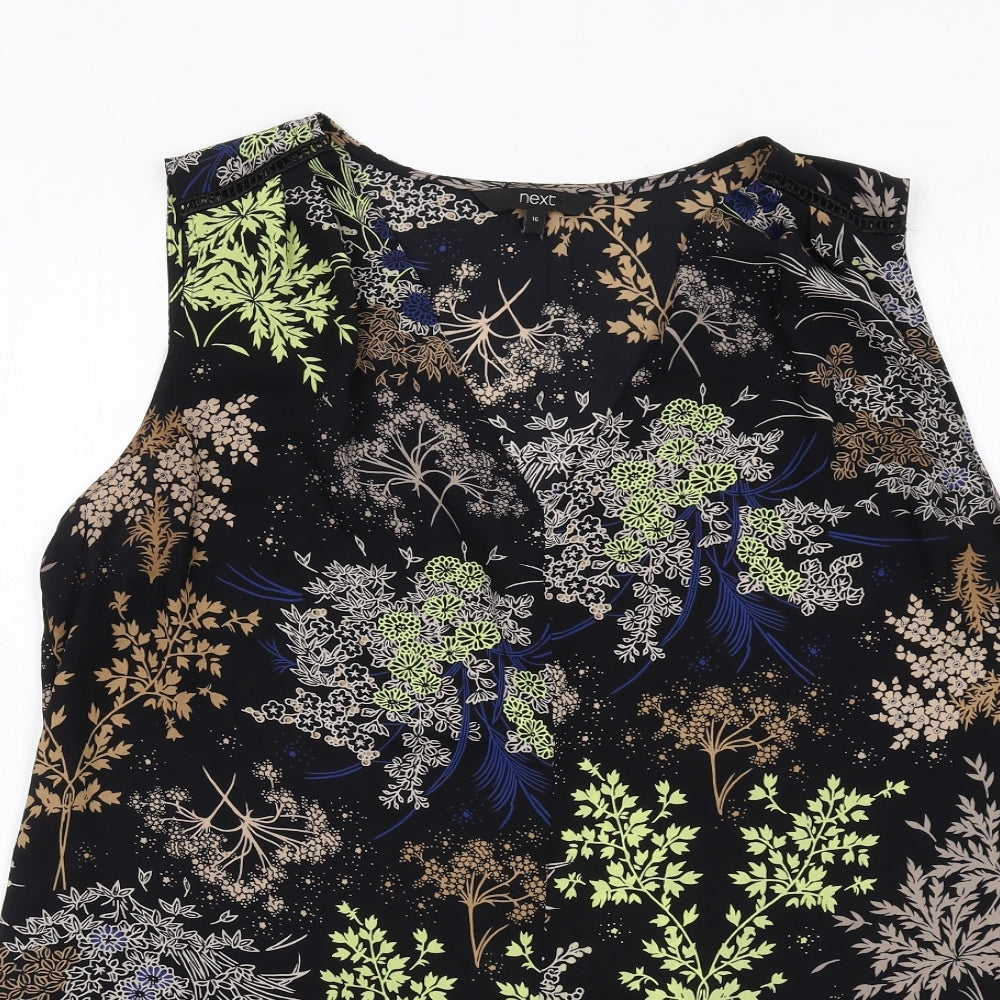 NEXT Womens Black Floral Polyester Basic Blouse Size 16 V-Neck