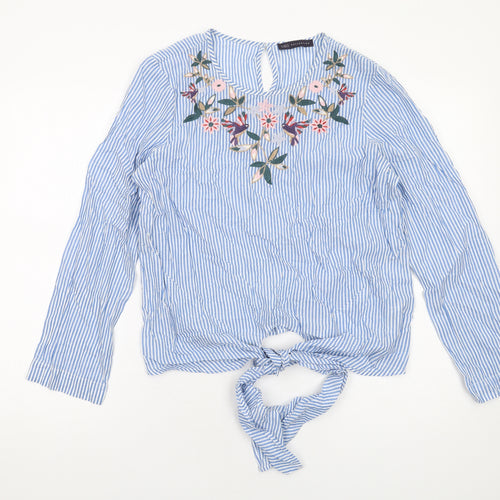 Marks and Spencer Womens Blue Striped Cotton Basic Blouse Size 12 Round Neck - Floral Detail Knot Front