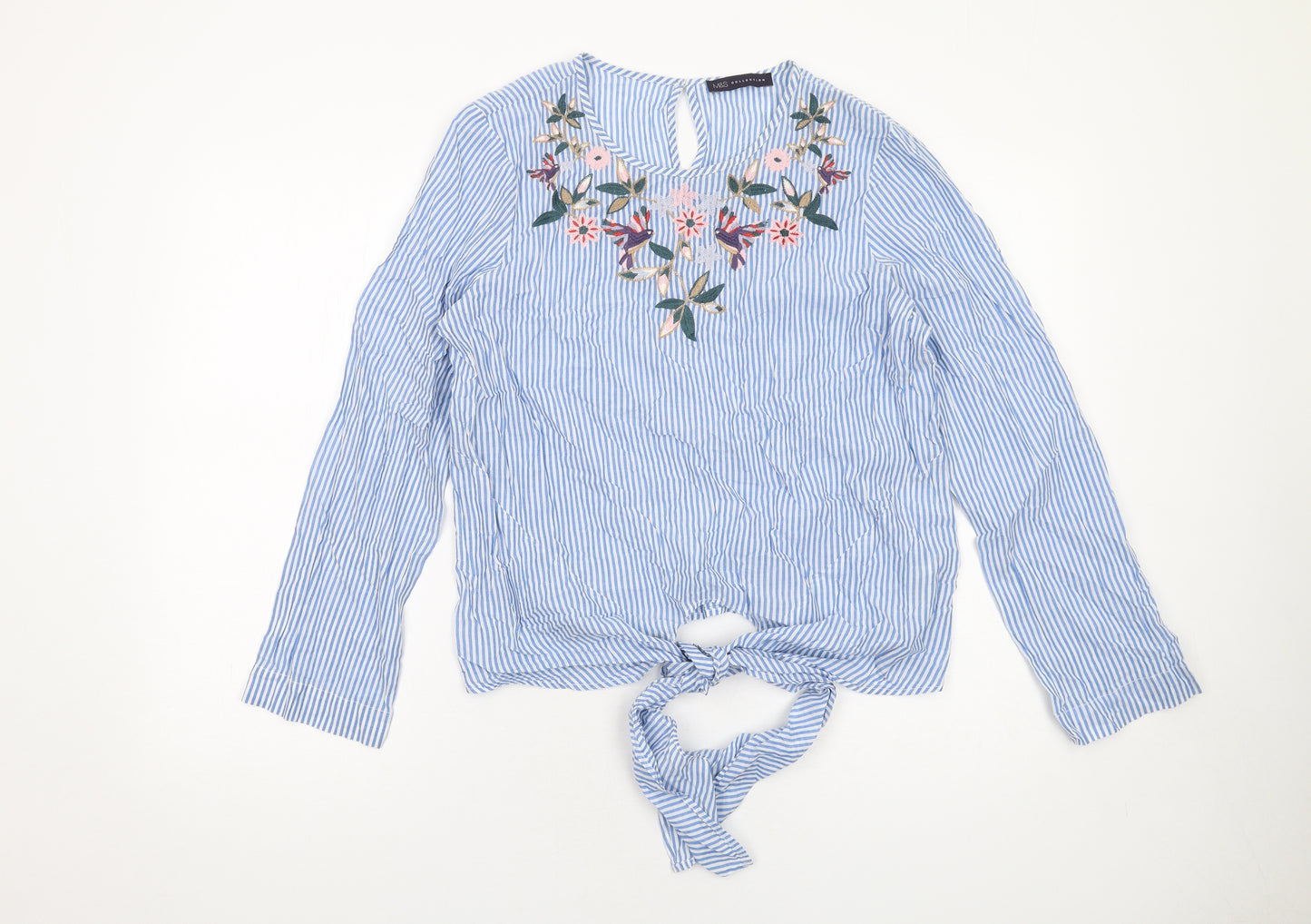 Marks and Spencer Womens Blue Striped Cotton Basic Blouse Size 12 Round Neck - Floral Detail Knot Front