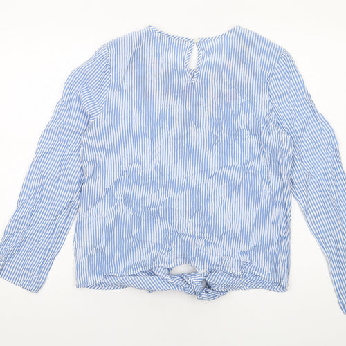 Marks and Spencer Womens Blue Striped Cotton Basic Blouse Size 12 Round Neck - Floral Detail Knot Front