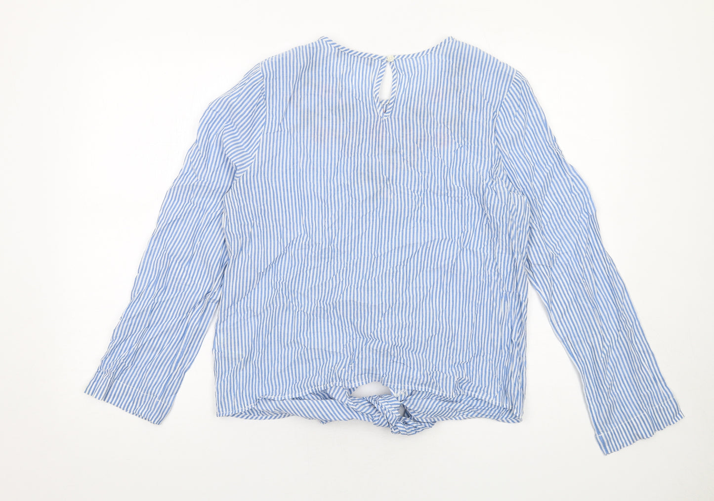 Marks and Spencer Womens Blue Striped Cotton Basic Blouse Size 12 Round Neck - Floral Detail Knot Front