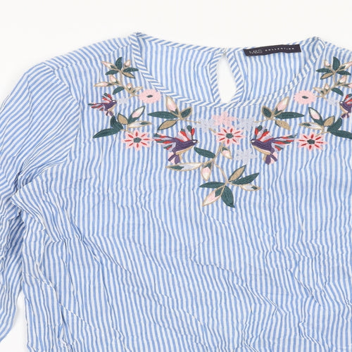 Marks and Spencer Womens Blue Striped Cotton Basic Blouse Size 12 Round Neck - Floral Detail Knot Front