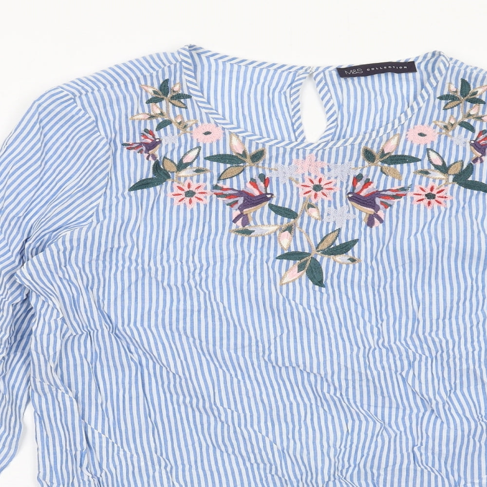 Marks and Spencer Womens Blue Striped Cotton Basic Blouse Size 12 Round Neck - Floral Detail Knot Front