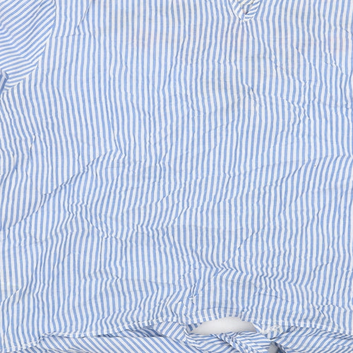 Marks and Spencer Womens Blue Striped Cotton Basic Blouse Size 12 Round Neck - Floral Detail Knot Front