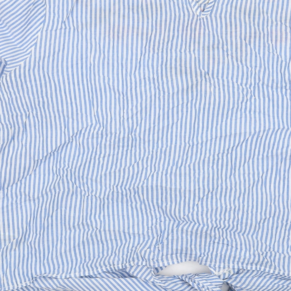 Marks and Spencer Womens Blue Striped Cotton Basic Blouse Size 12 Round Neck - Floral Detail Knot Front