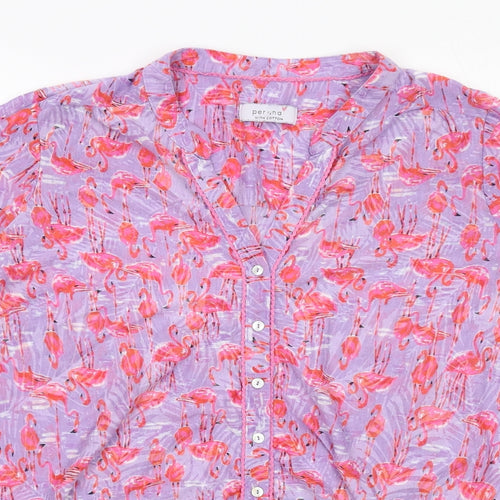 Per Una Womens Purple Geometric Polyester Basic Button-Up Size 18 V-Neck - Flamingo