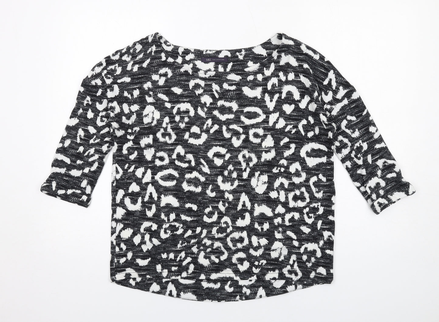Marks and Spencer Womens Black Animal Print Polyester Basic T-Shirt Size 8 Round Neck - Leopard Print