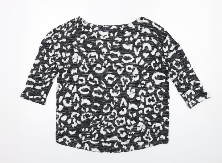 Marks and Spencer Womens Black Animal Print Polyester Basic T-Shirt Size 8 Round Neck - Leopard Print