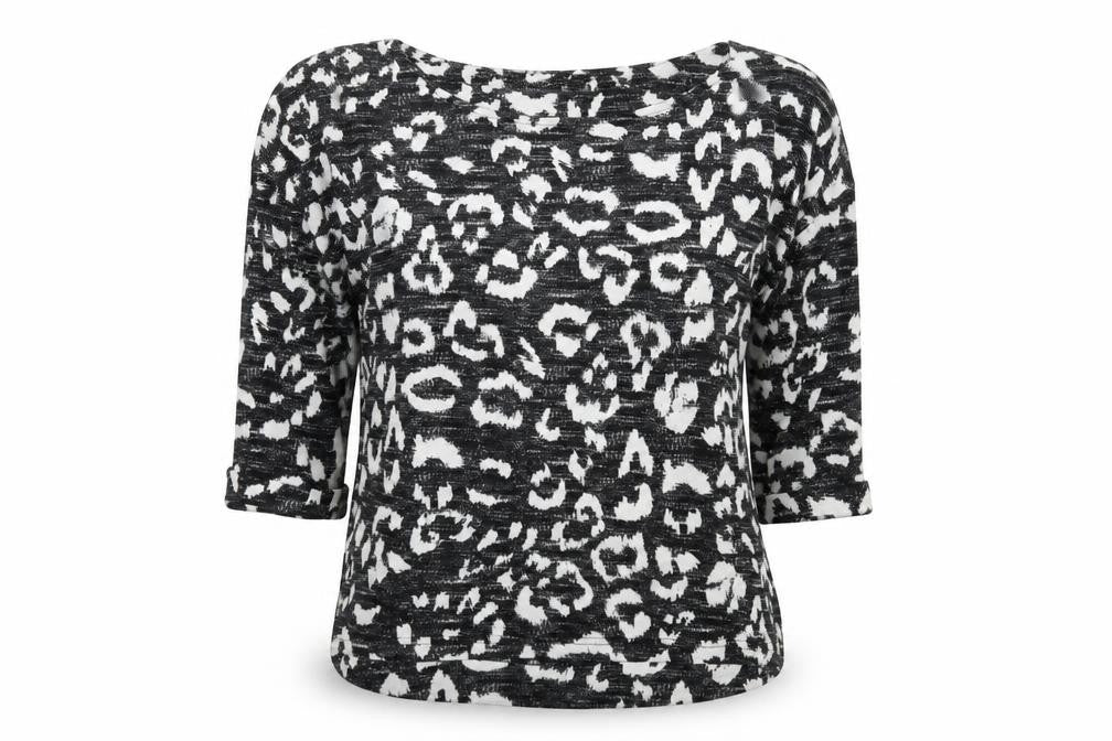 Front view of Marks & Spencer women’s black animal print polyester basic t-shirt, size UK 8, round neck - leopard print