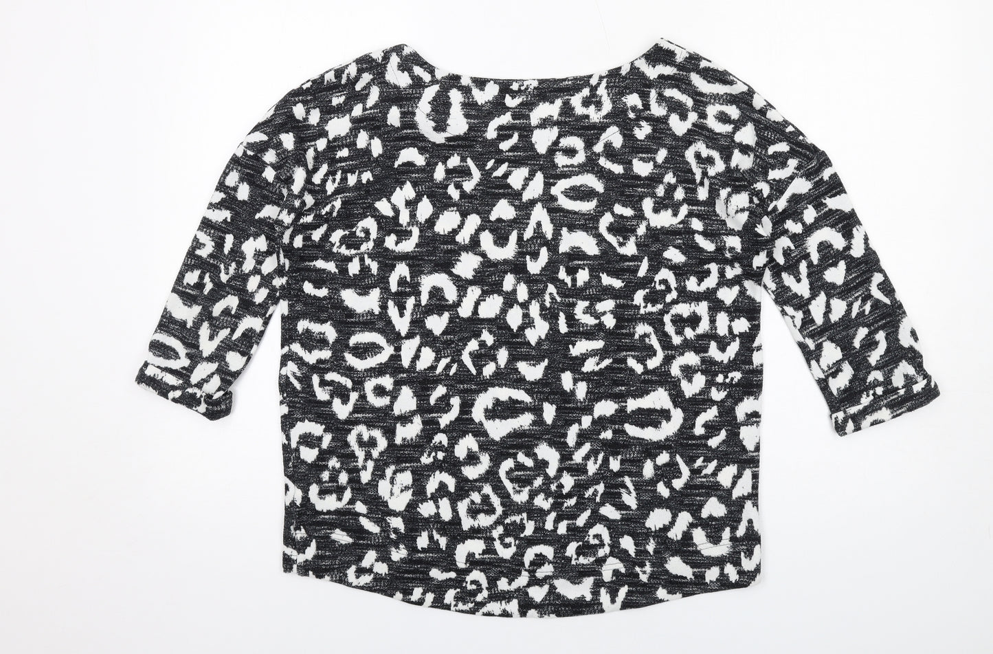 Marks and Spencer Womens Black Animal Print Polyester Basic T-Shirt Size 8 Round Neck - Leopard Print