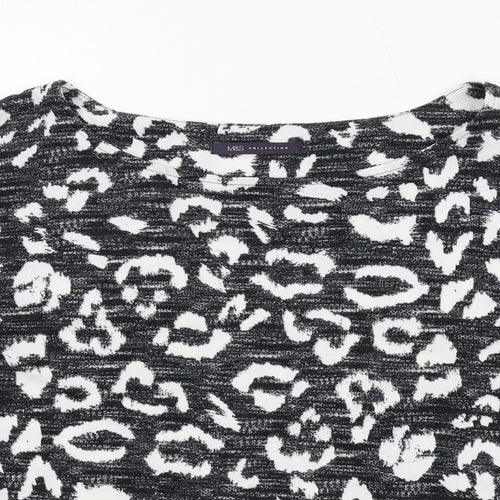 Marks and Spencer Womens Black Animal Print Polyester Basic T-Shirt Size 8 Round Neck - Leopard Print