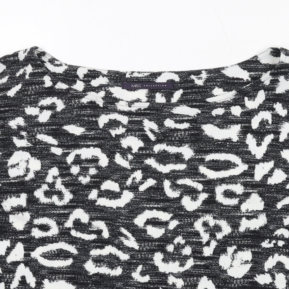 Marks and Spencer Womens Black Animal Print Polyester Basic T-Shirt Size 8 Round Neck - Leopard Print