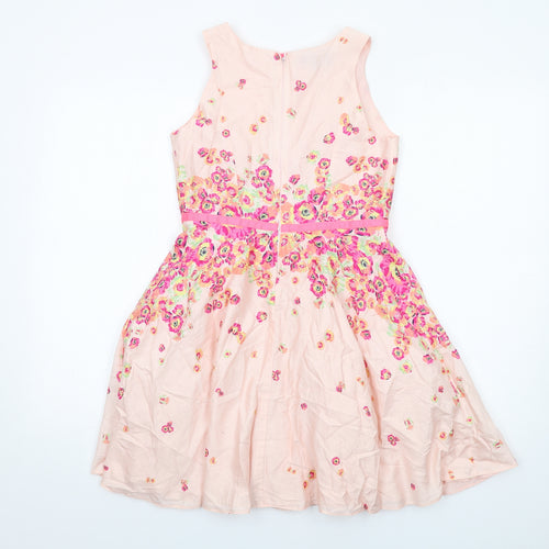 Ted Baker Girls Pink Floral Cotton A-Line Size 13 Years Round Neck Zip
