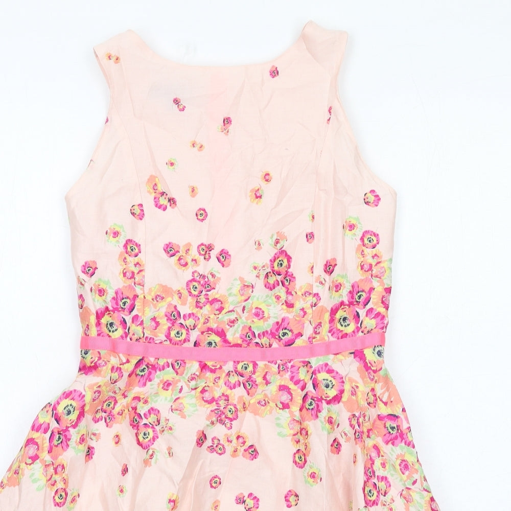 Ted Baker Girls Pink Floral Cotton A-Line Size 13 Years Round Neck Zip