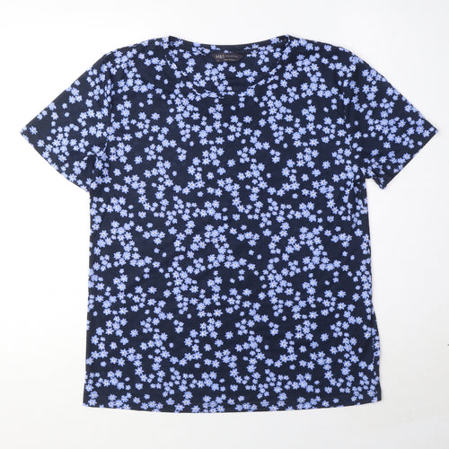 Marks and Spencer Womens Blue Floral Polyester Basic T-Shirt Size 8 Round Neck