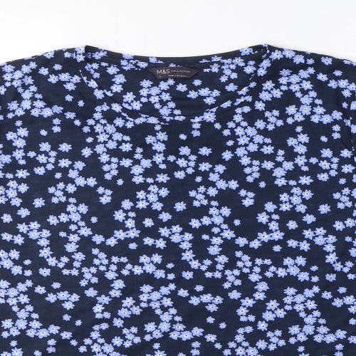 Marks and Spencer Womens Blue Floral Polyester Basic T-Shirt Size 8 Round Neck