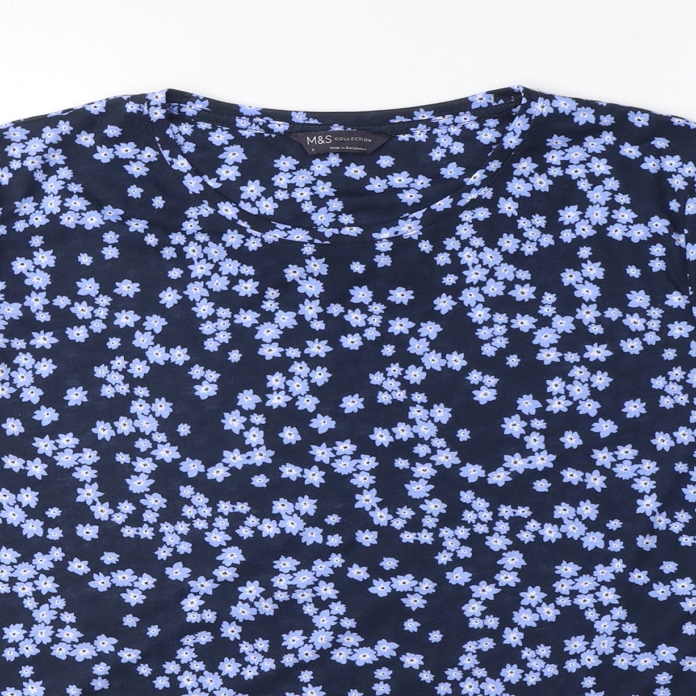 Marks and Spencer Womens Blue Floral Polyester Basic T-Shirt Size 8 Round Neck