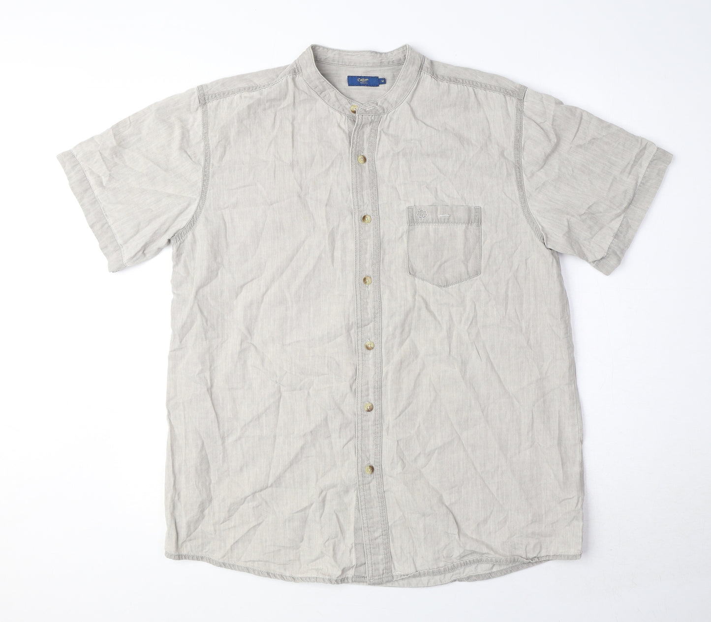 Cotton Traders Mens Grey Cotton Button-Up Size M Round Neck Button