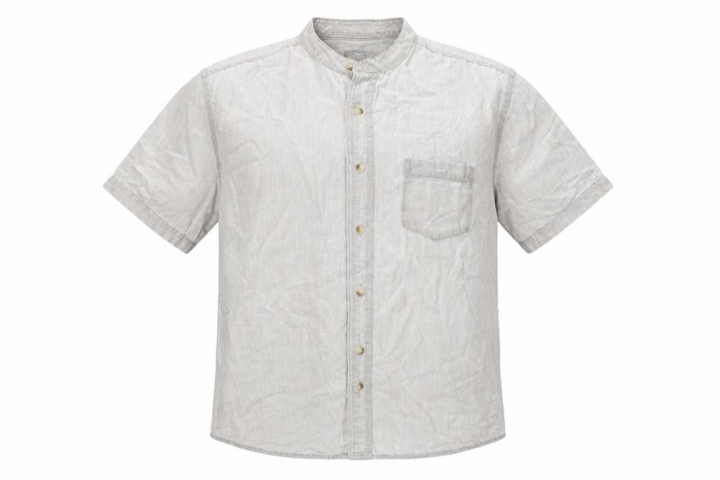Front view of Cotton Traders men’s grey cotton button-up, size M, round neck button