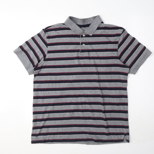 Marks and Spencer Mens Grey Striped Cotton Polo Size M Collared Button