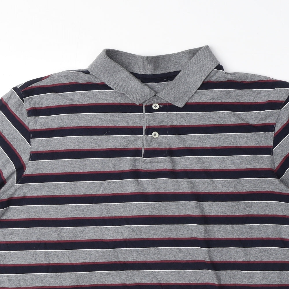 Marks and Spencer Mens Grey Striped Cotton Polo Size M Collared Button
