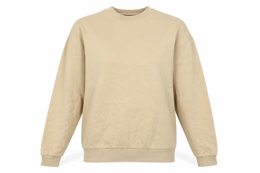 Front view of ASOS women’s beige cotton pullover sweatshirt, size S, pullover
