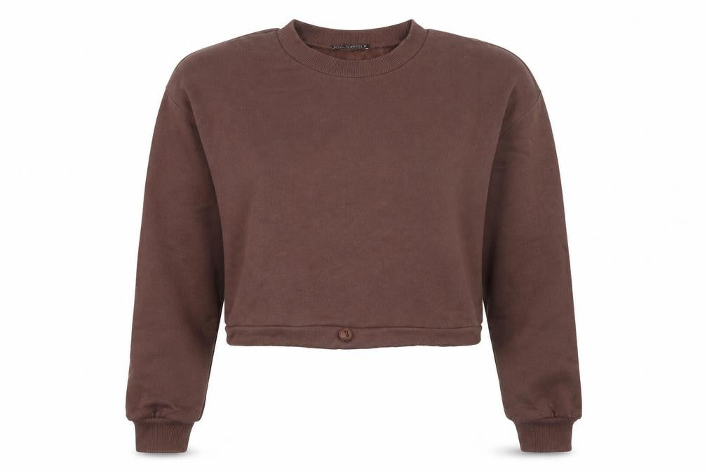 Front view of Zara women’s brown cotton pullover sweatshirt, size M, pullover