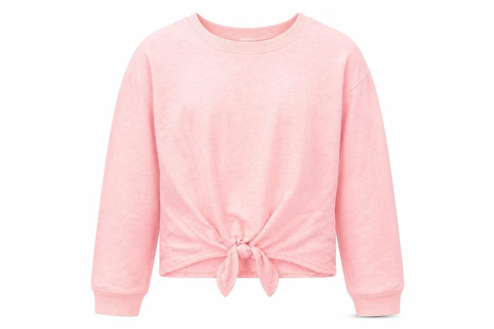 Front view of H&M girls’ pink cotton pullover sweatshirt, size 12-13, years pullover - knot front
