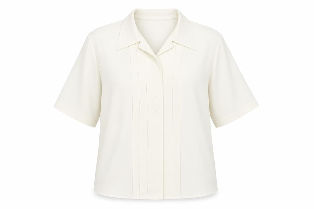 Front view of Perceptions women’s ivory polyester basic button-up, size UK 14, collared