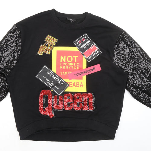 Alkha Womens Black Cotton Pullover Sweatshirt Size S Pullover - Sequin Sleeves Queen Size S-M