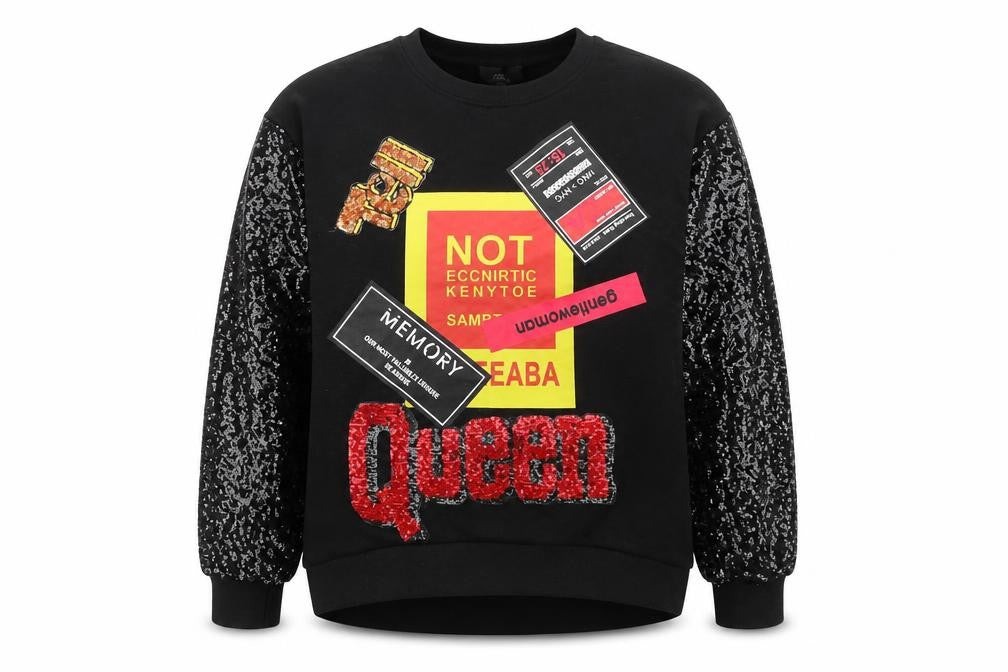 Front view of Alkha women’s black cotton pullover sweatshirt, size S, pullover - sequin sleeves queen, size S-m