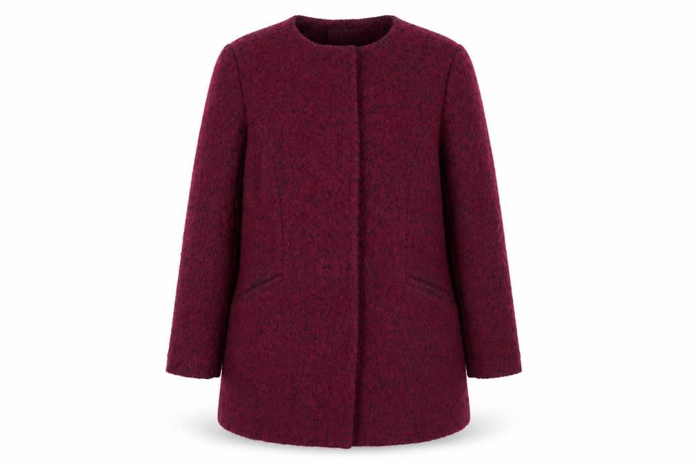 Front view of BHS women’s purple geometric overcoat coat, size UK 18, button