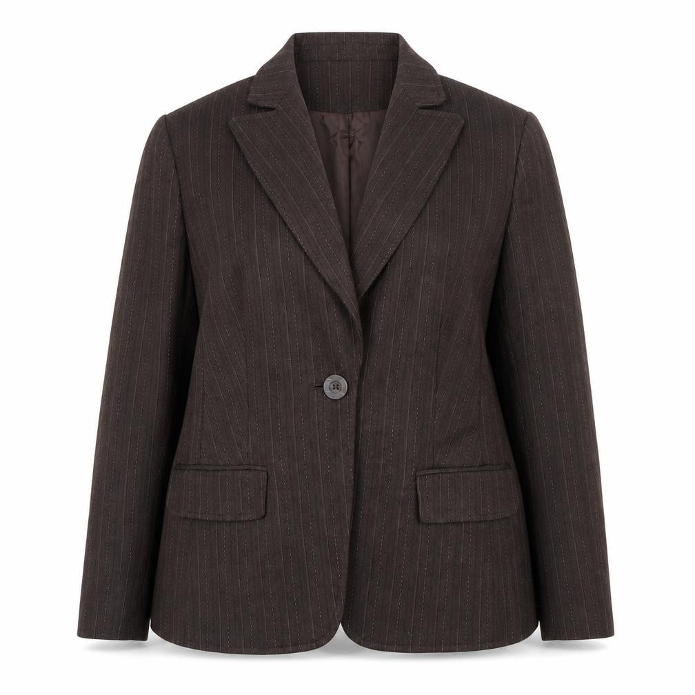 Front view of Next women’s brown striped polyester jacket blazer, size UK 16
