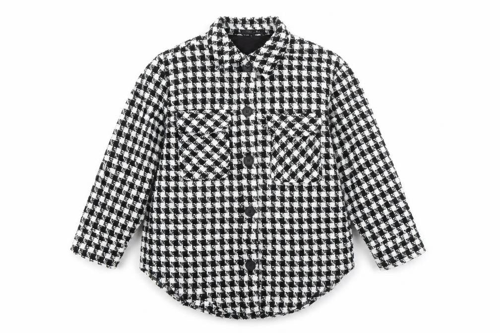 Front view of Cameo Rose women’s black check polyester basic button-up, size M, collared