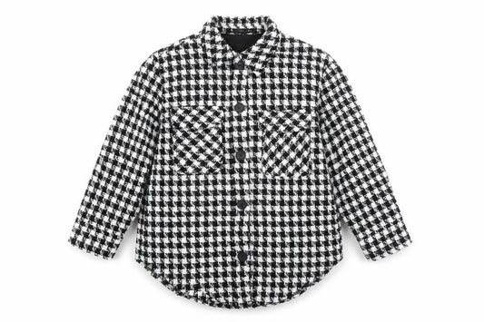 Front view of Cameo Rose women’s black check polyester basic button-up, size M, collared