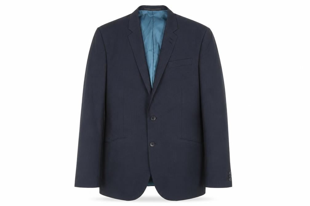 Front view of Marks & Spencer men’s blue striped polyester jacket suit jacket, size L, regular