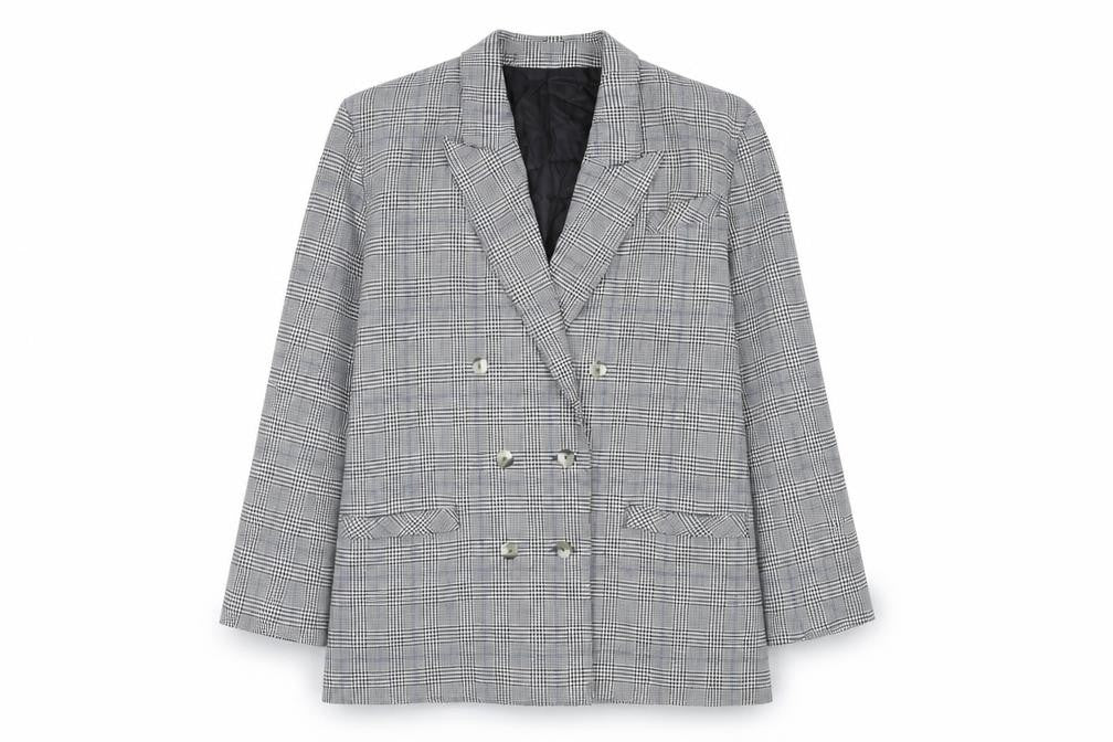 Front view of St Bernard women’s grey plaid polyester jacket blazer, size UK 16