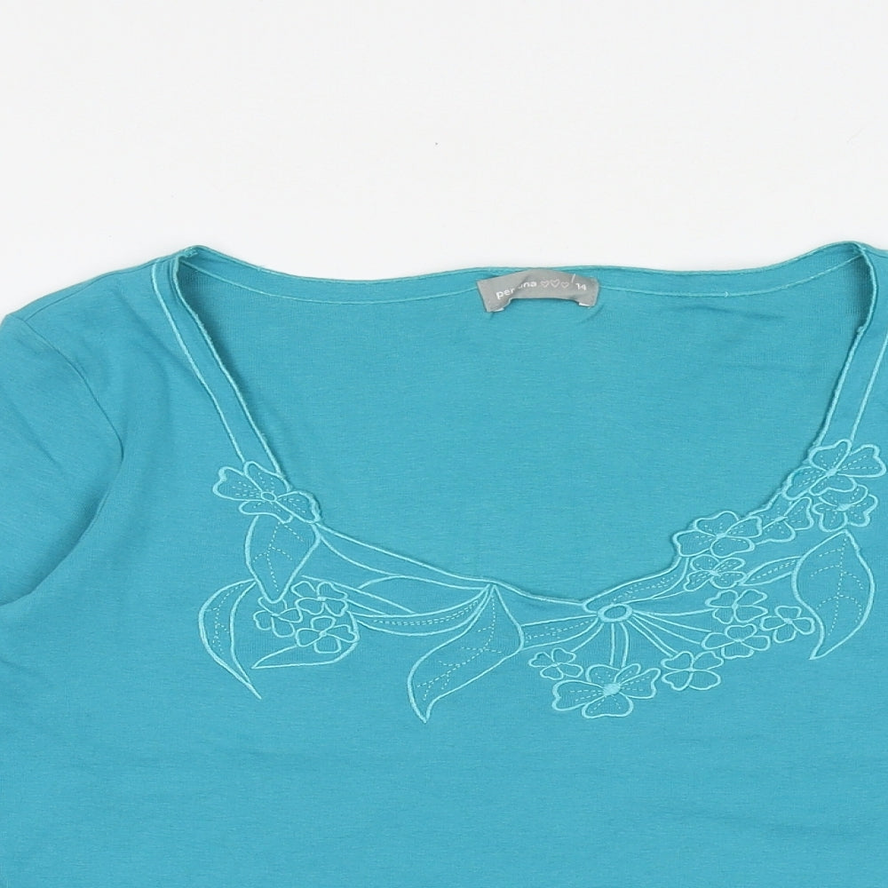 Per Una Womens Blue 100% Cotton Basic T-Shirt Size 14 Round Neck