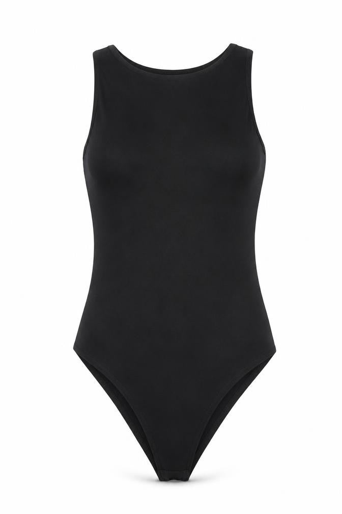 Front view of Quiz women’s black polyester bodysuit one-piece, size UK 10, snap