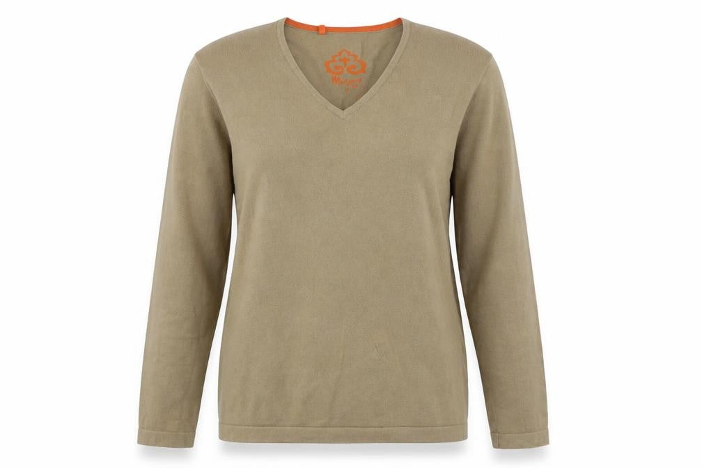 Front view of Monsoon women’s brown v-neck cotton jumper, size S