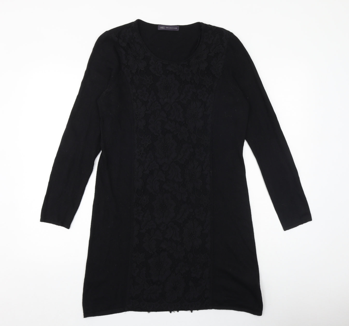 Marks and Spencer Womens Black Floral Viscose A-Line Size 14 Round Neck Pullover