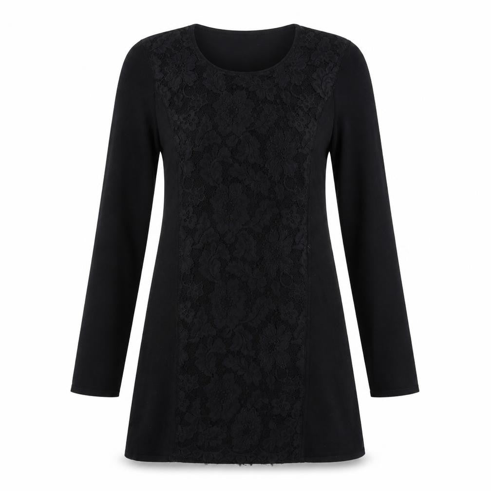 Front view of Marks & Spencer women’s black floral viscose a-line, size UK 14, round neck pullover