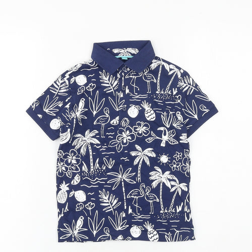Marks and Spencer Boys Blue Geometric 100% Cotton Basic Polo Size 4-5 Years Collared Button - Palm Tree Print